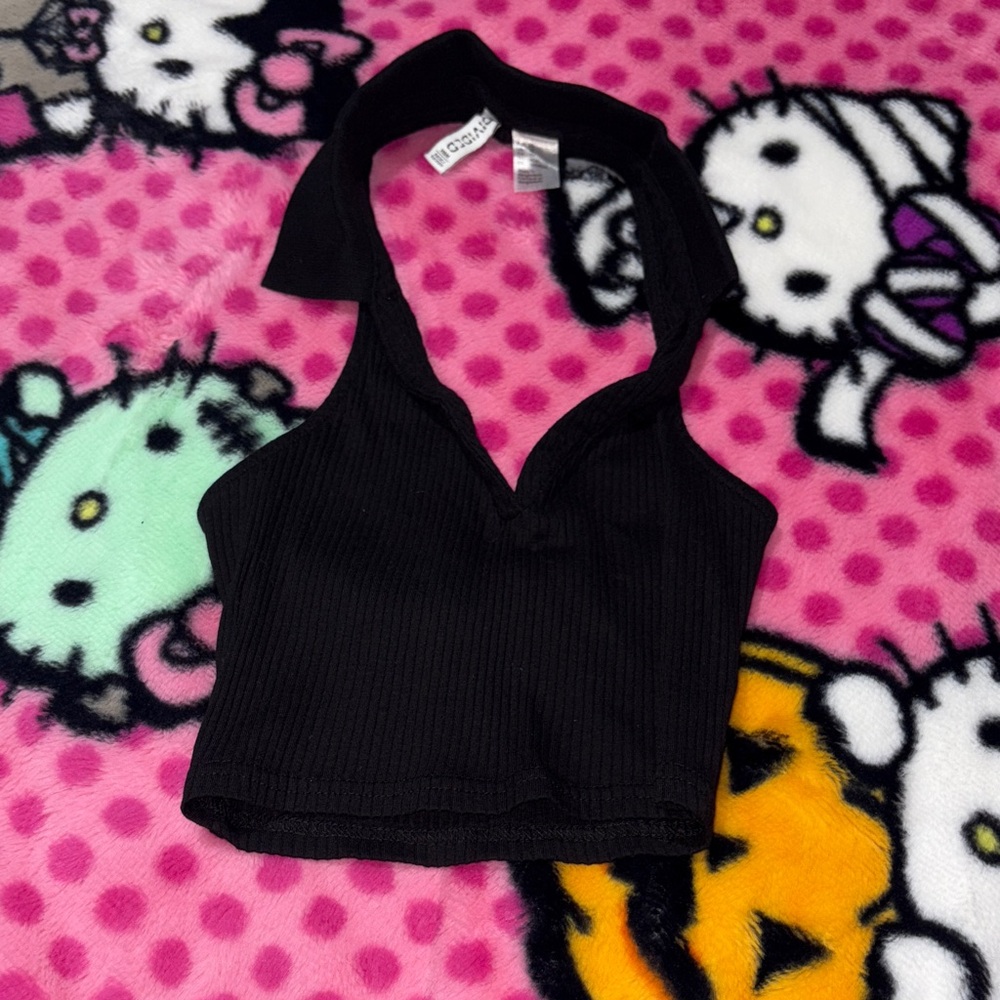 Divided Black Ribbed Crop Top